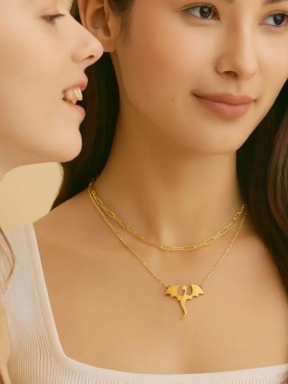 New - Gold Dragon‎ Necklace for Women, Stainless Steel Layered Double Chain